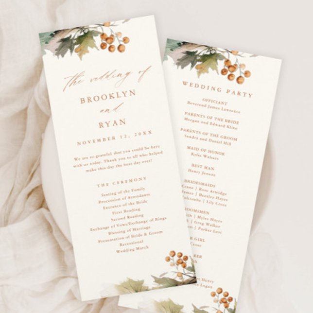 Rustic Fall Greenery Leaves Foliage Wedding  Programme (A Rustic Wedding Program with Elegant Watercolor Autumn Greenery Leaves and Foliage.)