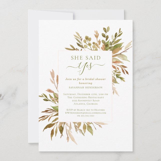 Rustic Fall Greenery She Said Yes Bridal Shower Invitation (Front)
