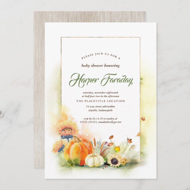 Rustic Fall Harvest Pumpkin Sunflower Baby Shower Invitation (Front/Back)