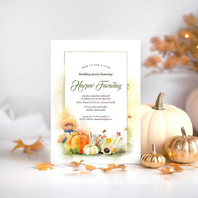 Rustic Fall Harvest Pumpkin Sunflower Birthday Invitation (Pumpkins Elegant Fall Birthday Invitations)