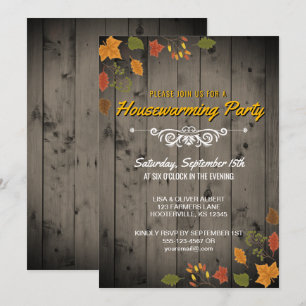 Rustic Fall Housewarming Party Autumn Leaves Wood Invitation