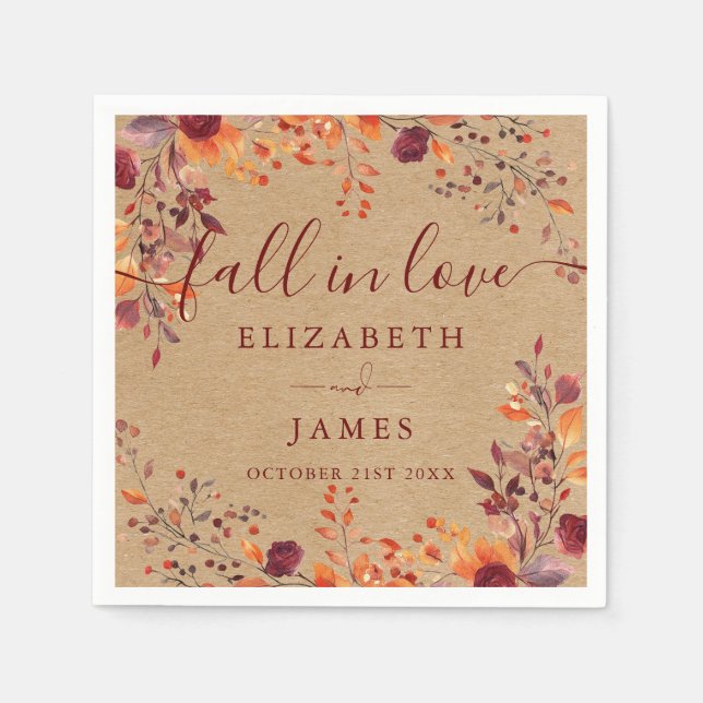 Rustic Fall In Love Autumn Fall Floral Leaves Napkin (Front)