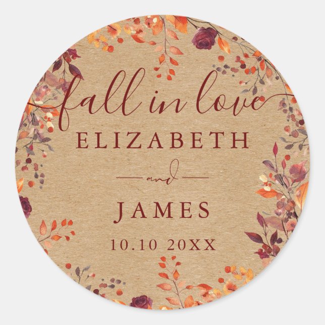 Rustic Fall In Love Autumn Fall Floral Wedding Classic Round Sticker (Front)