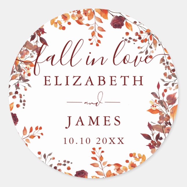 Rustic Fall In Love Autumn Fall Floral Wedding Classic Round Sticker (Front)