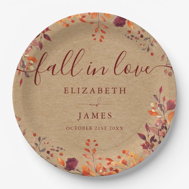 Rustic Fall In Love Autumn Fall Floral Wedding Paper Plate (Front)