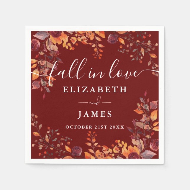 Rustic Fall In Love Autumn Floral Wedding Napkin (Front)