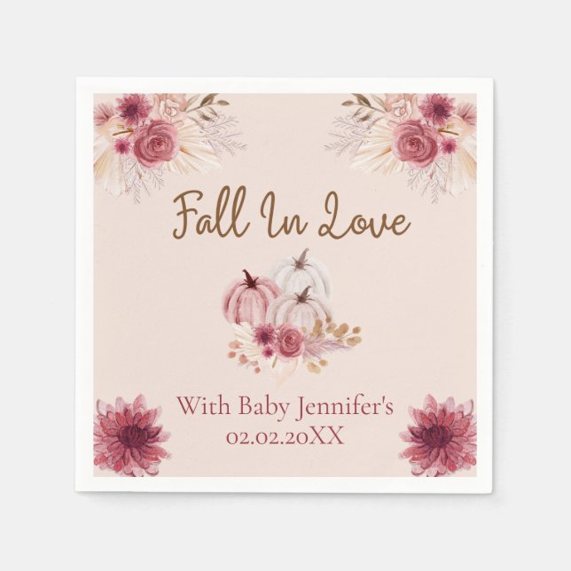 Rustic Fall In Love Pink Pumpkin Baby Shower Napkin (Front)