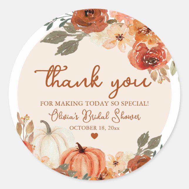 Rustic Fall in Love Pumpkin Autumn Bridal Shower Classic Round Sticker (Front)