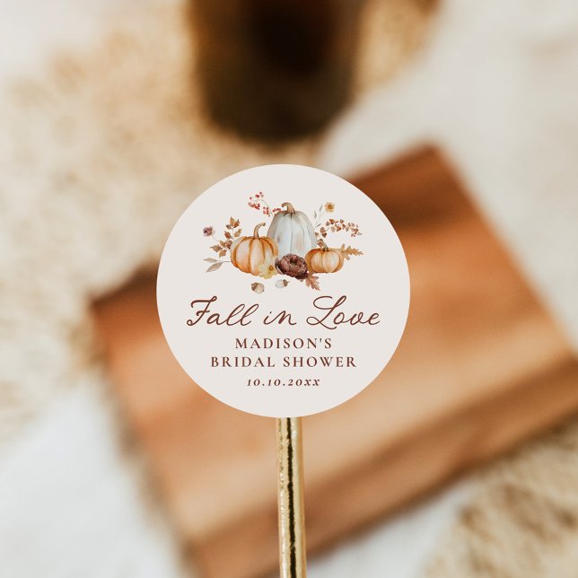 Rustic Fall in Love Pumpkin Floral Bridal Shower Classic Round Sticker (Creator Uploaded)