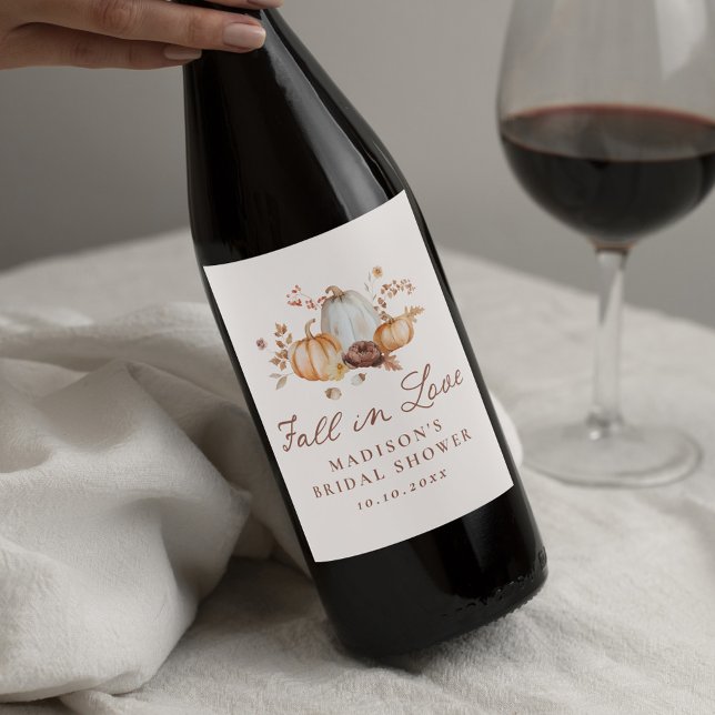 Rustic Fall in Love Pumpkin Floral Bridal Shower Wine Label (Creator Uploaded)