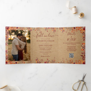 Rustic Fall In Love QR Code 2 Photo Wedding Tri-Fold Invitation