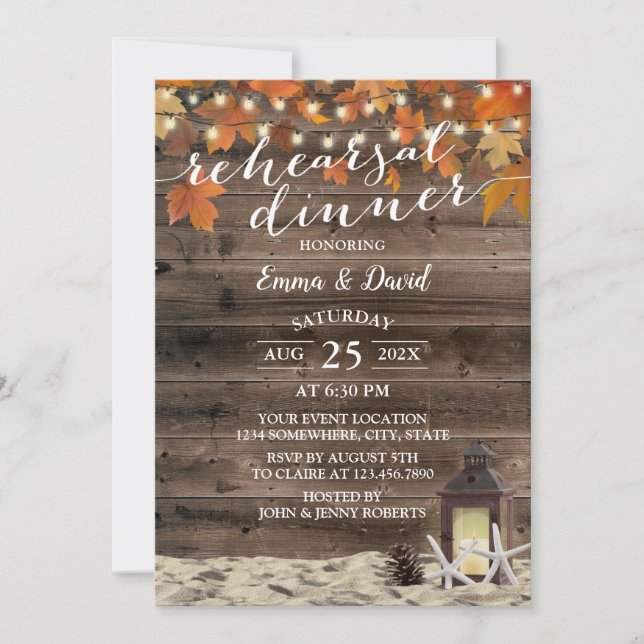 Rustic Fall Lantern Beach Wedding Rehearsal Dinner Invitation (Front)