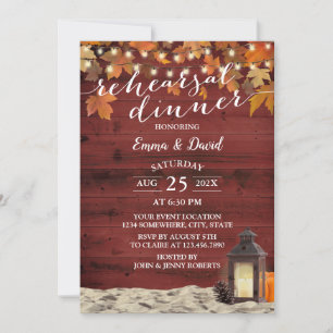 Rustic Fall Lantern Red Barn Wood Rehearsal Dinner Invitation