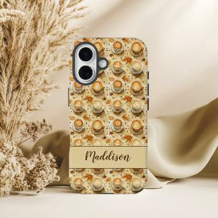 Rustic Fall Latte Pattern with Autumn Leaves iPhone 16 Case