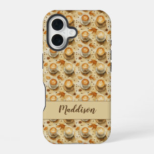 Rustic Fall Latte Pattern with Autumn Leaves iPhone 16 Case