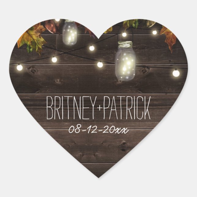 Rustic Fall Leaf Firefly Mason Jar Wedding Favours Heart Sticker (Front)