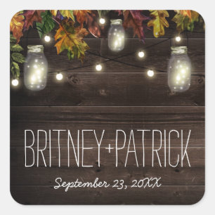 Rustic Fall Leaf Firefly Mason Jar Wedding Favours Square Sticker