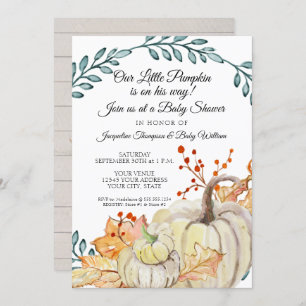 Rustic Fall Leaf n Wood Pumpkin Boy Baby Shower Invitation