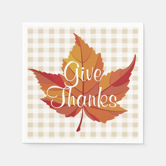 Rustic Fall Leaf & Plaid Give Thanks Napkin (Front)