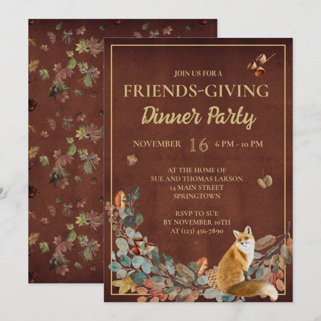 Rustic Fall Leaves and Fox FriendsGiving Dinner Invitation (Front/Back)