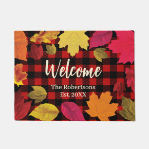 Rustic Fall Leaves and Plaid Custom Name Welcome Doormat