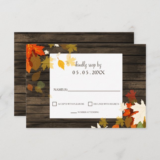 Rustic Fall leaves Barn Wood Fall Wedding rsvp Invitation (Front/Back)