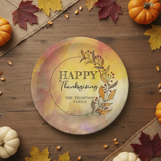 Rustic Fall Leaves Berries Wreath Thanksgiving  Paper Plate (Creator Uploaded)