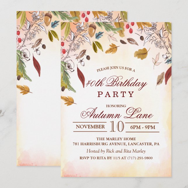 Rustic Fall Leaves Birthday Party Invitation (Front/Back)