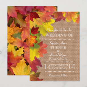 Rustic Fall Leaves Burlap Wedding Invitation