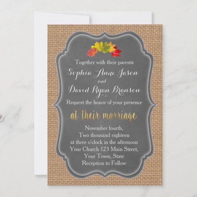 Rustic Fall Leaves Burlap Wedding Invitation (Front)