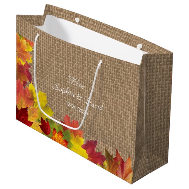 Rustic Fall Leaves Burlap Wedding Large Gift Bag (Front Angled)