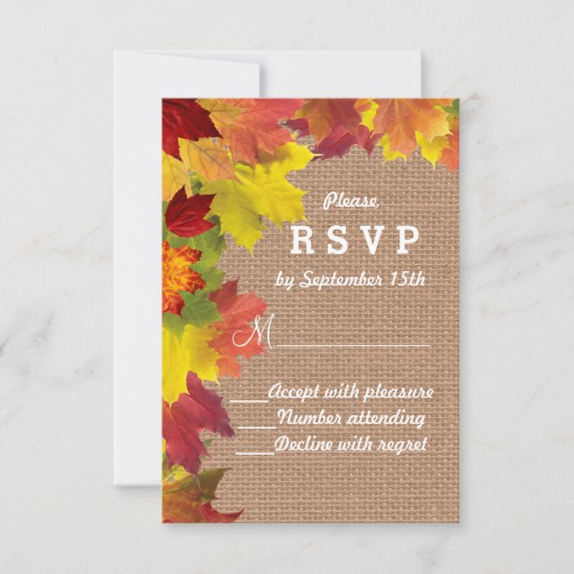 Rustic Fall Leaves Burlap Wedding RSVP (Front)