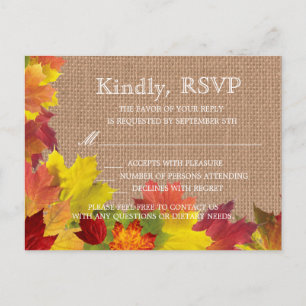 Rustic Fall Leaves Burlap Wedding RSVP Invitation Postcard