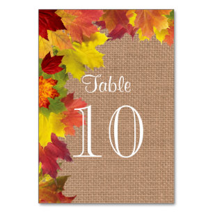 Rustic Fall Leaves Burlap Wedding Table Number