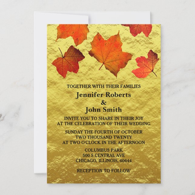 Rustic Fall Leaves Burnt Orange Gold Foil Wedding Invitation (Front)