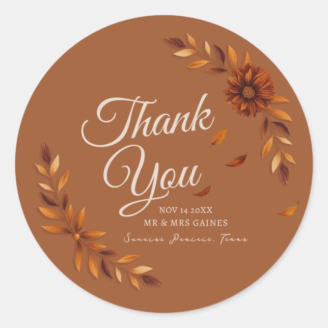 Rustic Fall Leaves Burnt Sienna Wedding Thank You  Classic Round Sticker (Front)