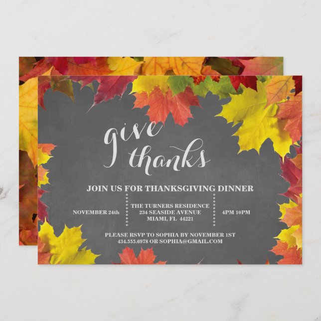 Rustic Fall Leaves Chalkboard Thanksgiving Dinner Invitation (Front/Back)