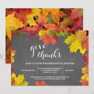 Rustic Fall Leaves Chalkboard Thanksgiving Dinner Invitation
