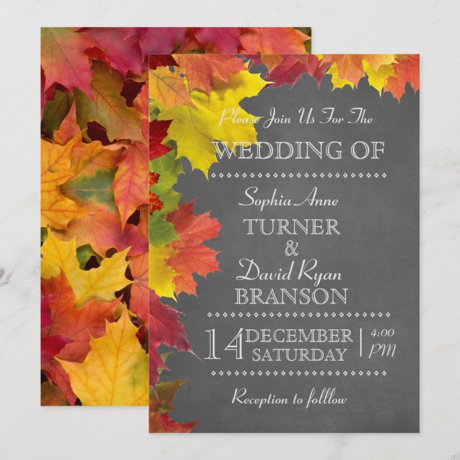 Rustic Fall Leaves Chalkboard Wedding Invitation (Front/Back)