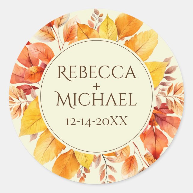 Rustic Fall Leaves Elegant Cream Wedding Classic Round Sticker (Front)