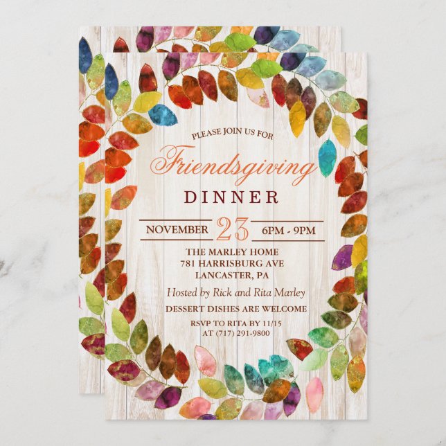 Rustic Fall Leaves Friendsgiving Dinner Invitation (Front/Back)