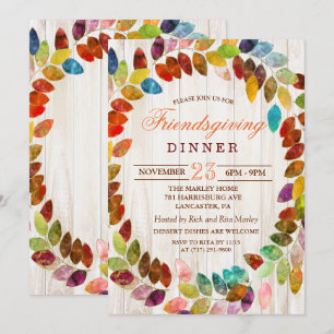 Rustic Fall Leaves Friendsgiving Dinner Invitation