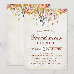 Rustic Fall Leaves Friendsgiving Dinner Invitation