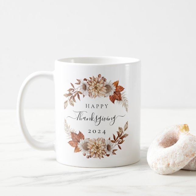 Rustic Fall Leaves Happy Thanksgiving Coffee Mug (With Donut)