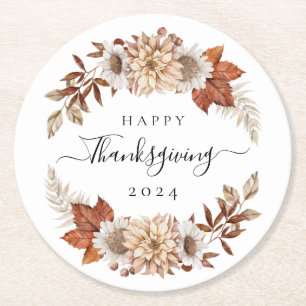 Rustic Fall Leaves Happy Thanksgiving Round Paper Coaster