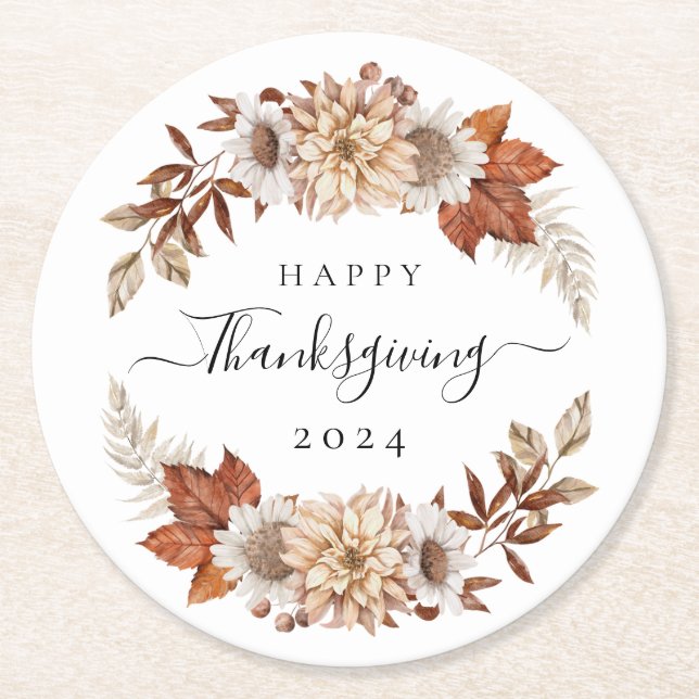 Rustic Fall Leaves Happy Thanksgiving  Round Paper Coaster (Front)