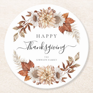 Rustic Fall Leaves Happy Thanksgiving Round Paper Coaster