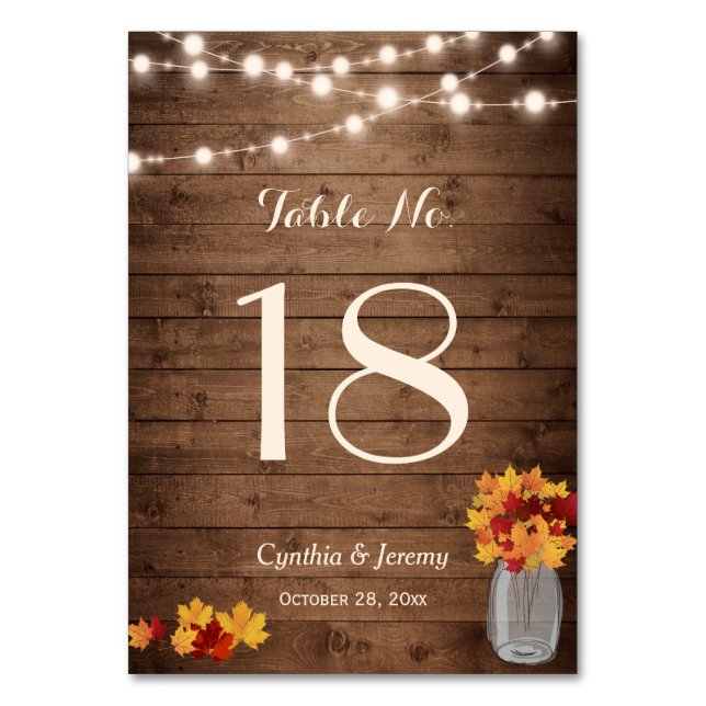 Rustic Fall Leaves Lights Wedding Table Number (Front)