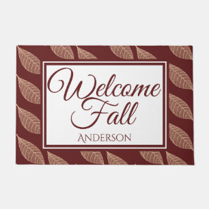 Rustic Fall Leaves & Maroon Welcome & Family Name Doormat