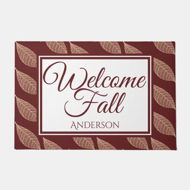 Rustic Fall Leaves & Maroon Welcome & Family Name Doormat (Front)